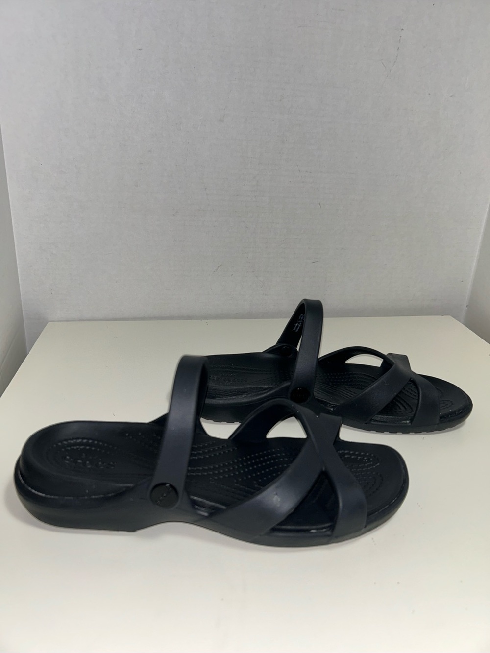 Crocs Dual Comfort Meleen Black Criss Cross Slip On Slide Sandal
